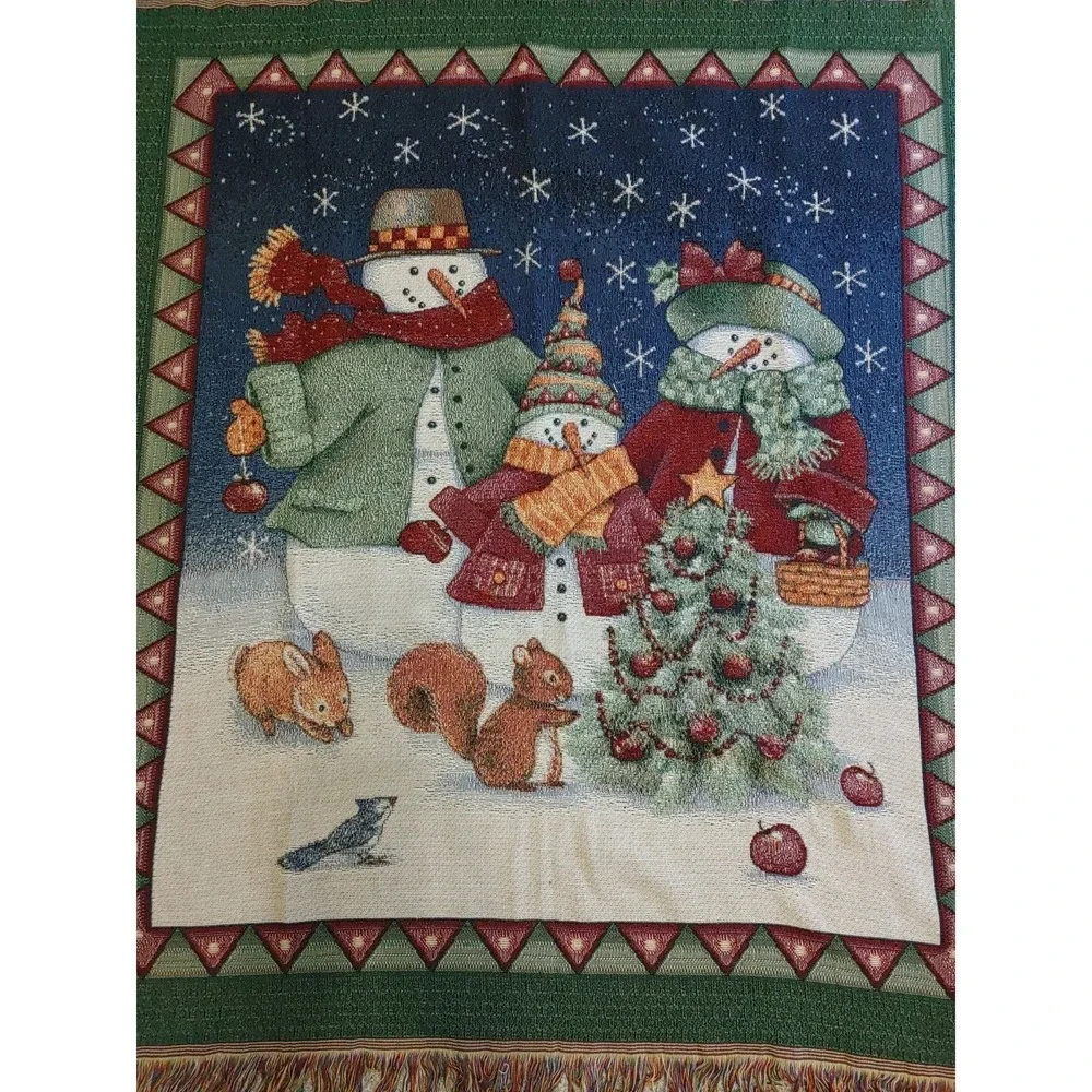 Vtg Snowmen HolidayWoven Tapestry Throw Blanket Afghan Cottage Christmas Festive